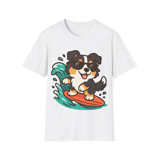 Australian Shepherd Surfer Unisex T-Shirt — Cute Lighthearted Dog Beach Tee