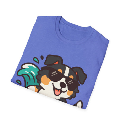 Australian Shepherd Surfer Unisex T-Shirt — Cute Lighthearted Dog Beach Tee