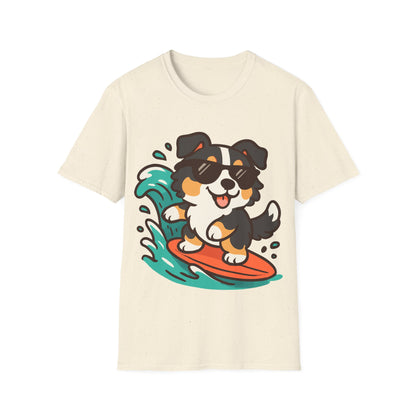 Australian Shepherd Surfer Unisex T-Shirt — Cute Lighthearted Dog Beach Tee