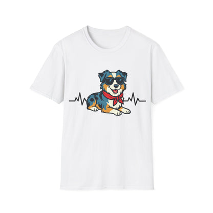 Australian Shepherd With Heartbeat And Cool Sunglasses Dog Unisex T-Shirt