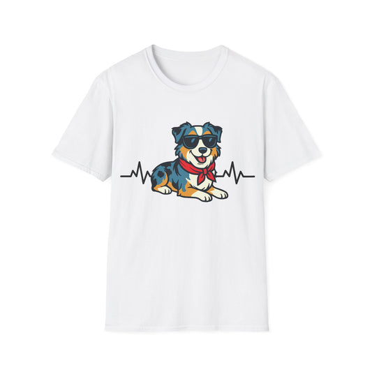 Australian Shepherd With Heartbeat And Cool Sunglasses Dog Unisex T-Shirt