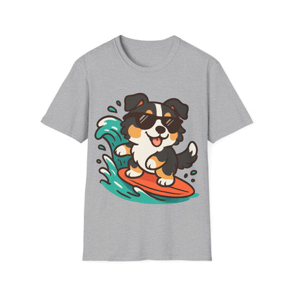 Australian Shepherd Surfer Unisex T-Shirt — Cute Lighthearted Dog Beach Tee