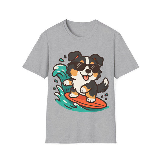 Australian Shepherd Surfer Unisex T-Shirt — Cute Lighthearted Dog Beach Tee