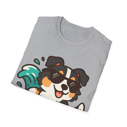 Australian Shepherd Surfer Unisex T-Shirt — Cute Lighthearted Dog Beach Tee